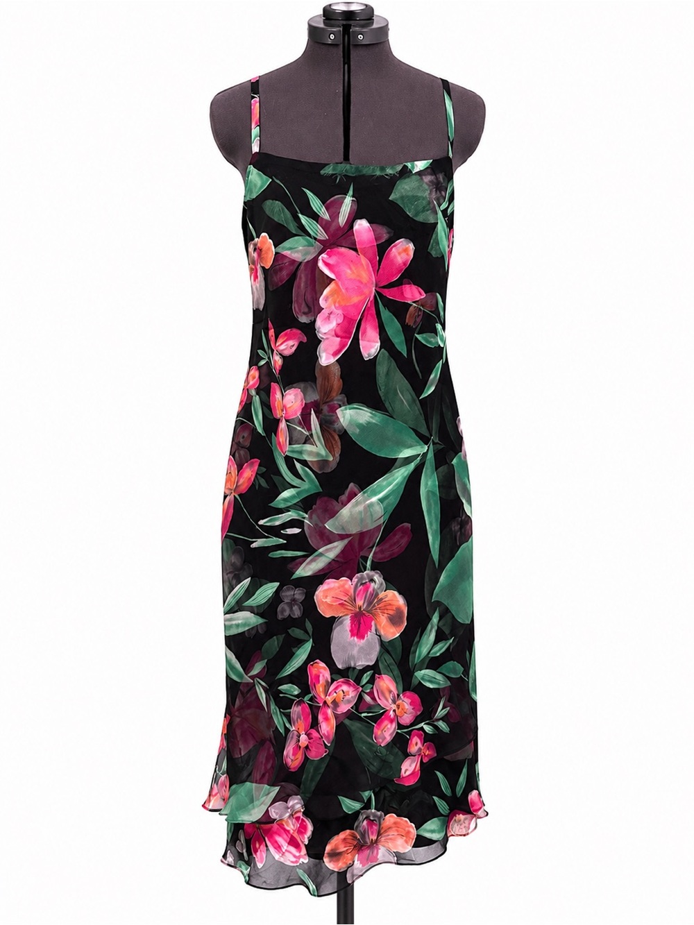 Y2K 100% Silk Floral Slip Dress Black Fuchsia Asymmetrical Donna Ricco 4